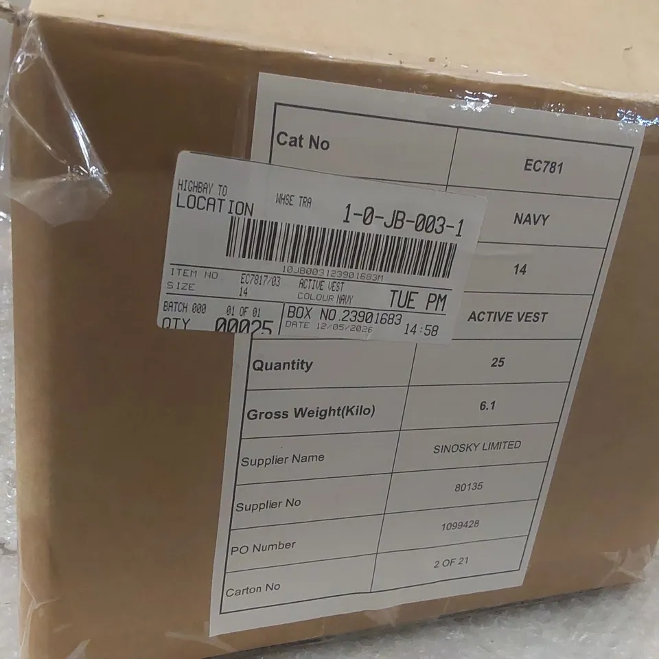 BOX CONTAINING APPROXIMATELY 25x BRAND NEW SIMPLY BE NAVY ACTIVE VESTS - SIZE 14