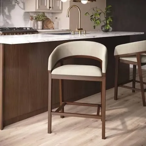 BOXED OWEN WALNUT & BEIGE UPHOLSTERED CURVED KITCHEN STOOL WITH BACK