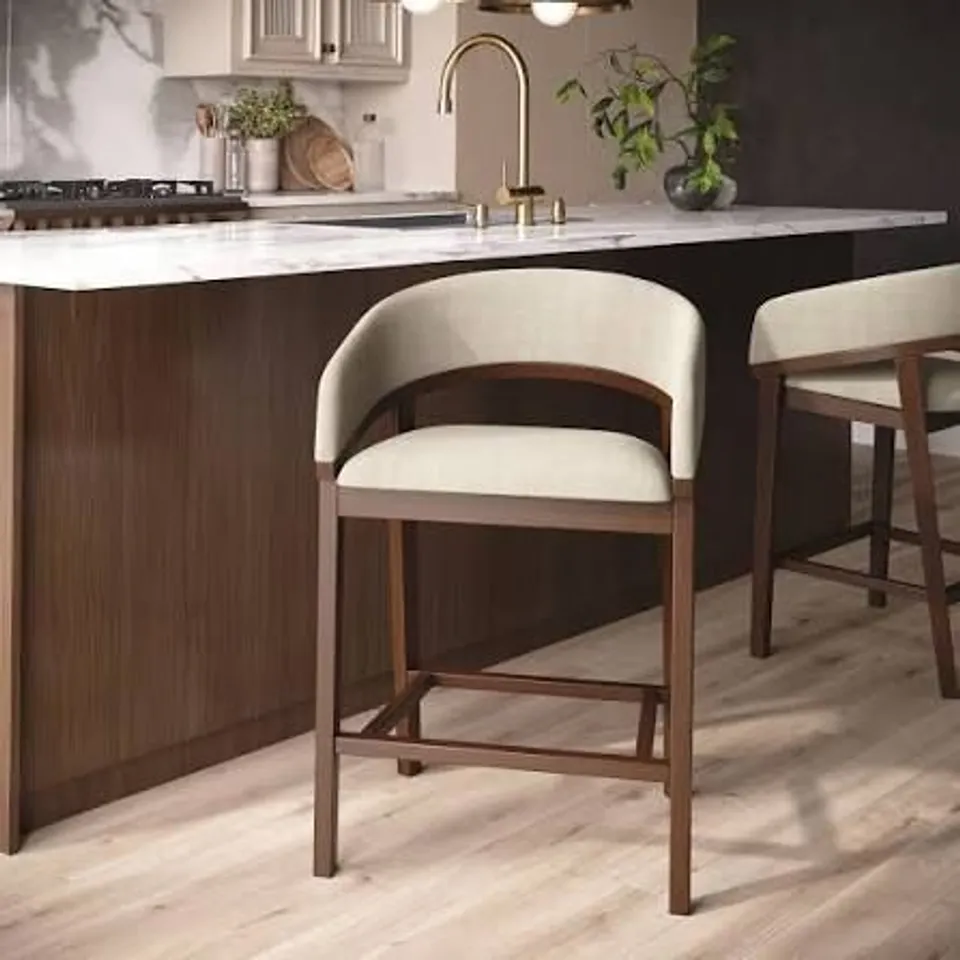 BOXED OWEN WALNUT & BEIGE UPHOLSTERED CURVED KITCHEN STOOL WITH BACK
