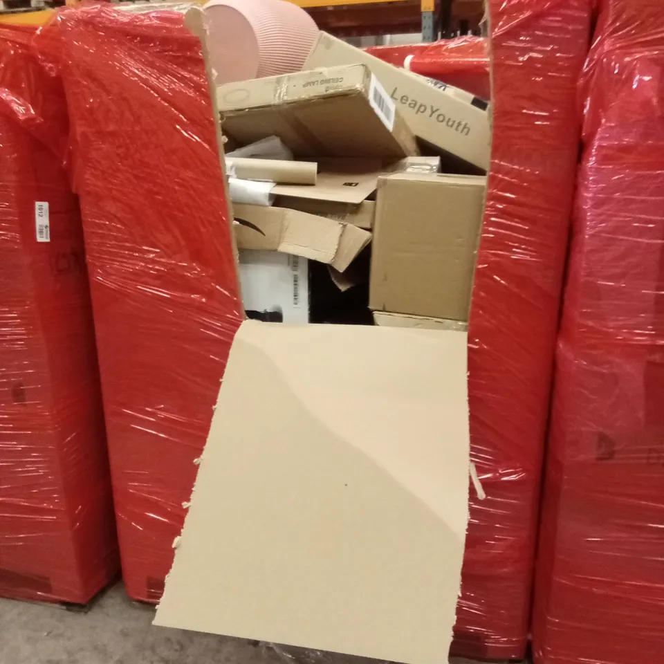 PALLET OF ASSORTED HOUSEHOLD GOODS AND PRODUCTS TO INCLUDE; VACUUM CLEANER, CHAIR MAT, CEILING LIGHT ETC