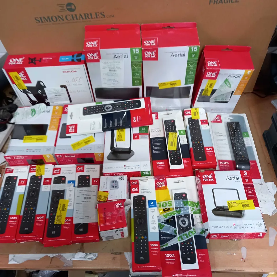 LOT OF APPROX 20 ASSORTED ONE-FOR-ALL ITEMS TO INCLUDE AERIALS, REMOTES AND BOOSTERS ETC