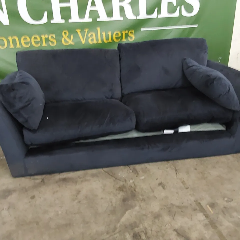 DESIGNER 2 SEATER NAVY BLUE FABRIC SOFA 