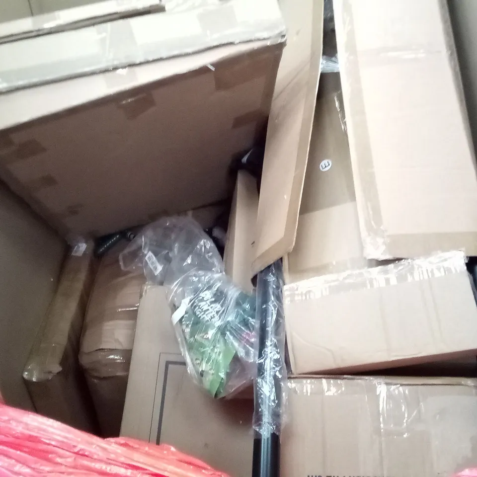 PALLET OF ASSORTED ITEMS INCLUDING HOMIDEC DESK, SPACE HEATER, AIR MULTIPLIER TOWER FAN, GARDEN WEED PICKER, PICTURE FRAME
