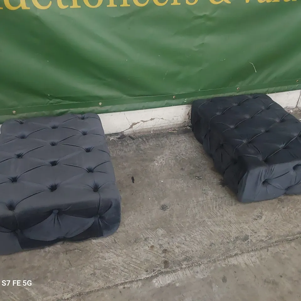 PAIR UPHOLSTERED RECTANGULAR FOOTSTOOLS BUTTONED NAVY BLUE PLUSH FABRIC 