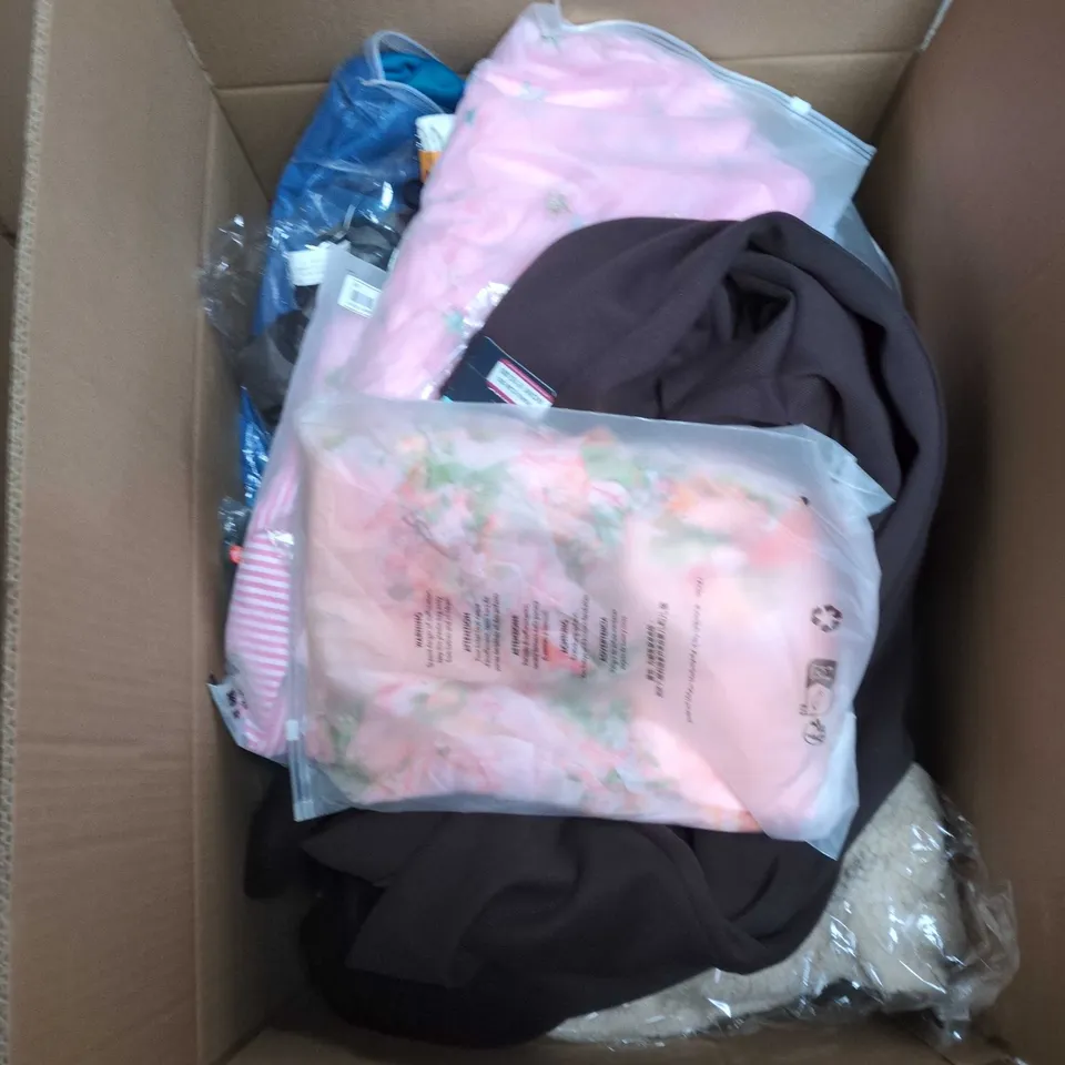 BOX OF APPROXIMATELY 25 ASSORTED CLOTHING ITEMS TO INCLUDE: BLUE JOGGERS AND PINK COAT