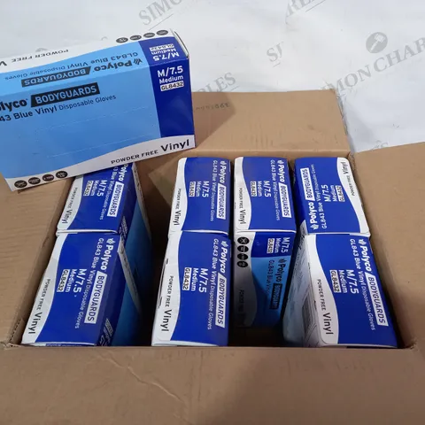 BOX OF APPROXIMATELY 8 PACKS OF POLYCO BODYGUARDS GL843 BLUE VINYL DISPOSABLE GLOVES (APPROX 100 PER PACK)