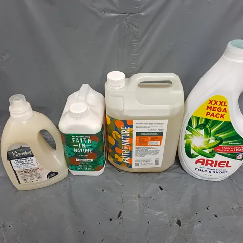 APPROXIMATELY 4 ASSORTED CLEANING PRODUCTS TO INCLUDE - ARIEL LAUNDRY DETERGENT - FAITH IN NATURE CONDITIONER - FAITH IN NATURE BODY WASH - COLLECTION ONLY