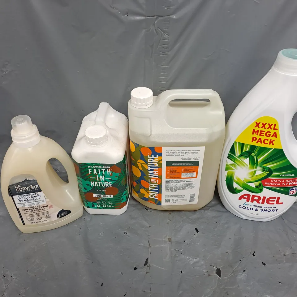 APPROXIMATELY 4 ASSORTED CLEANING PRODUCTS TO INCLUDE - ARIEL LAUNDRY DETERGENT - FAITH IN NATURE CONDITIONER - FAITH IN NATURE BODY WASH - COLLECTION ONLY