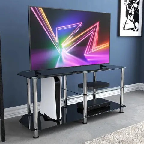 BOXED AVF GLASS CORNER TV UNIT FOR TVS UP TO 55" - BLACK & CLEAR GLASS POLISHED LEGS (1 BOX)