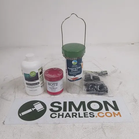 APPROXIMATELY 15 ASSORTED HOUSEHOLD PRODUCTS TO INCLUDE TREE TIES, GLOSSY WHITE CLAY GLAZE AND A BIRD FEEDER