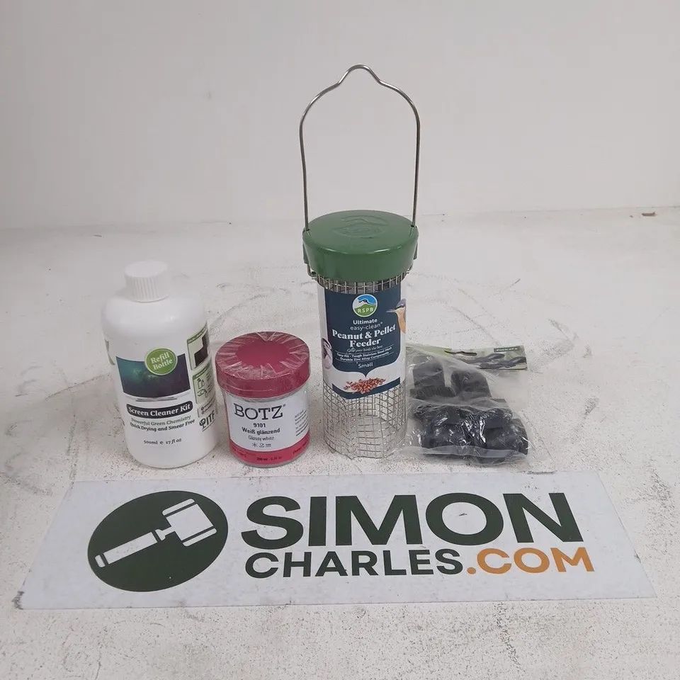 APPROXIMATELY 15 ASSORTED HOUSEHOLD PRODUCTS TO INCLUDE TREE TIES, GLOSSY WHITE CLAY GLAZE AND A BIRD FEEDER