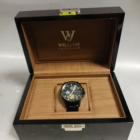 MENS WILLIAM JOURDAIN AUTOMATIC 2580 WATCH β OPEN HEART MOVEMENT WITH SUB DIALS β GLASS EXHIBITION BACK CASE β BLACK GENUINE LEATHER STRAP