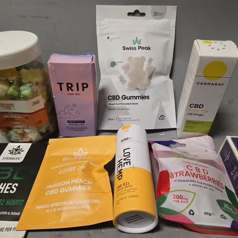 APPROX 20 ASSORTED CBD PRODUCTS TO INCLUDE TRIP CBD OIL, SWISS PEAK GUMMIES, STRONGLIFE PATCHES, ETC