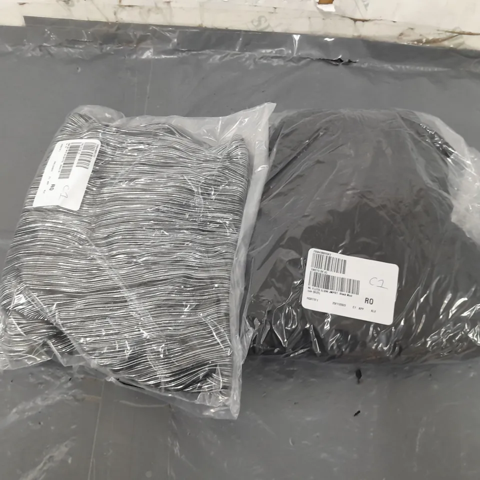 BOX OF APPROXIMATELY 10 ASSORTED BAGGED PIECES OF CLOTHING IN VARIOUS STYLES, SIZES, AND BRANDS 