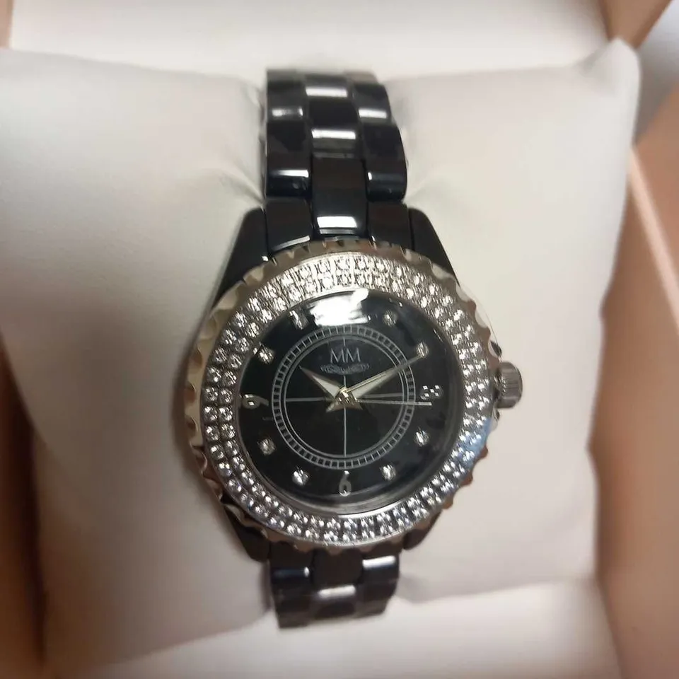 5 BRAND NEW DIAMONIQUE CERAMIC WATCH BLACK WITH MICHELLE MONE BOX WHITE CUBIC ZIRCONIA ON BEZEL AND DIAL