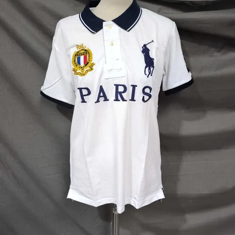 POLO RALPH LAUREN POLO SHIRT – WHITE WITH PARIS CREST, NAVY COLLAR, LARGE (L)