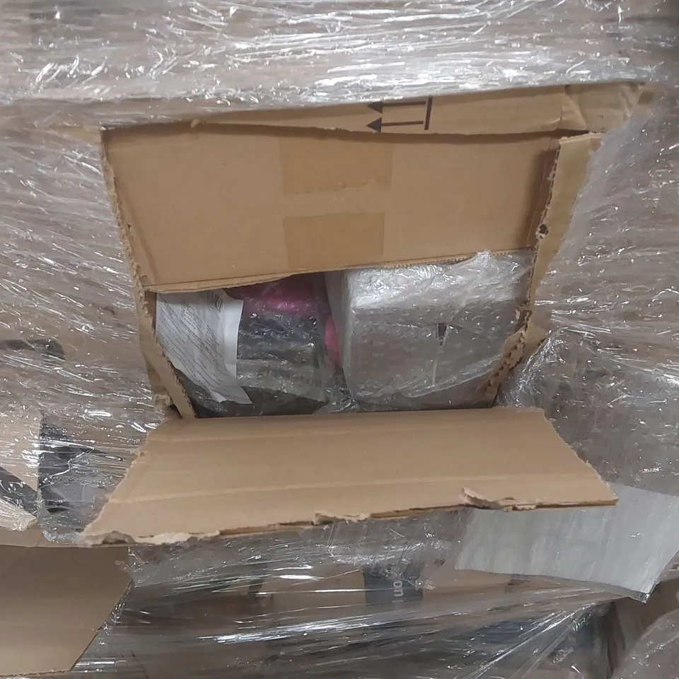 PALLET TO CONTAINING A VERY LARGE QUANTITY OF ASSORTED ITEMS INCLUDING: CAFETIERES, GLASSES, SHAPE SORTER BUS TOYS, CUPBOARD STORAGE RACKS ECT