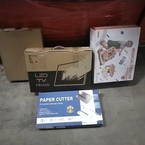 PALLET OF HOUSEHOLD ITEMS TO INCLUDE KITCHEN TAP,LED TV 19INCH, MUSICAL STROLLER, PAPER CUTTER AND OTHER ASSORTED ITEMS..L