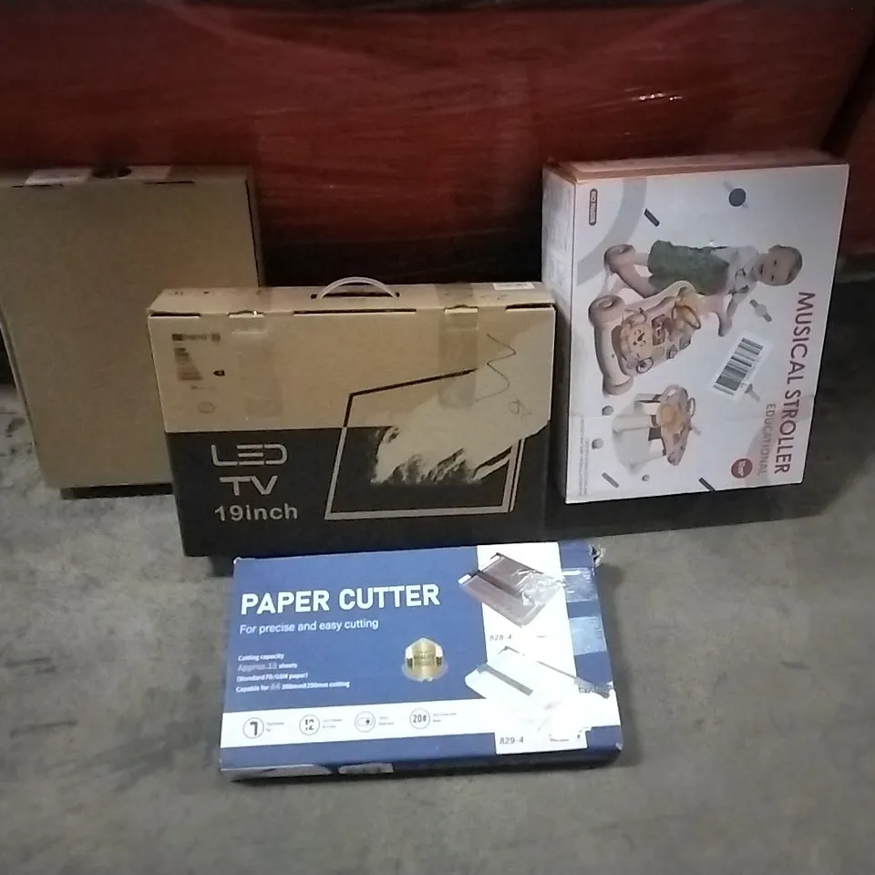 PALLET OF HOUSEHOLD ITEMS TO INCLUDE KITCHEN TAP,LED TV 19INCH, MUSICAL STROLLER, PAPER CUTTER AND  OTHER ASSORTED ITEMS..L