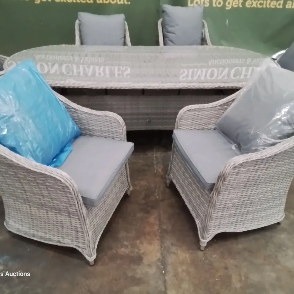 GOOD HOME GREY RATTAN PATIO DINING SET OF 6 CHAIRS, CUSHIONS & OVAL GLASS TOP DINING TABLE