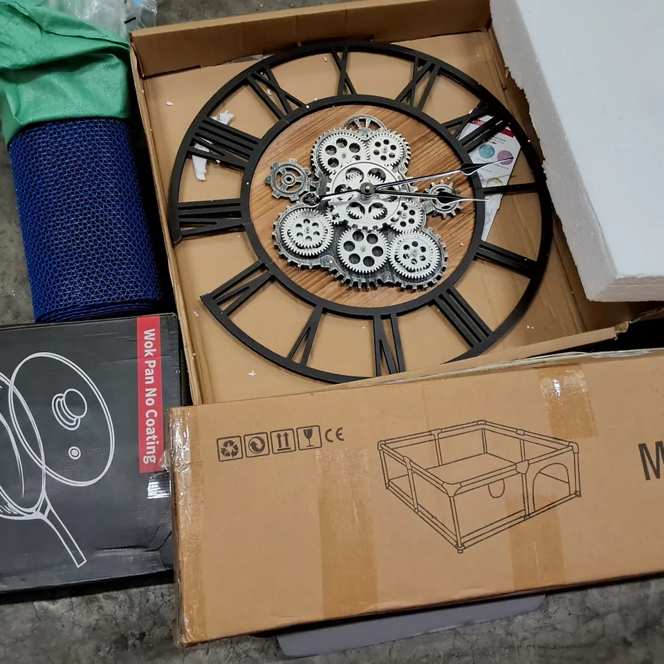 PALLET OF ASSORTED HOUSEHOLD ITEMS TO INCLUDE COG THEMED WALL CLOCK, ANIMAL PEN AND WOK PAN