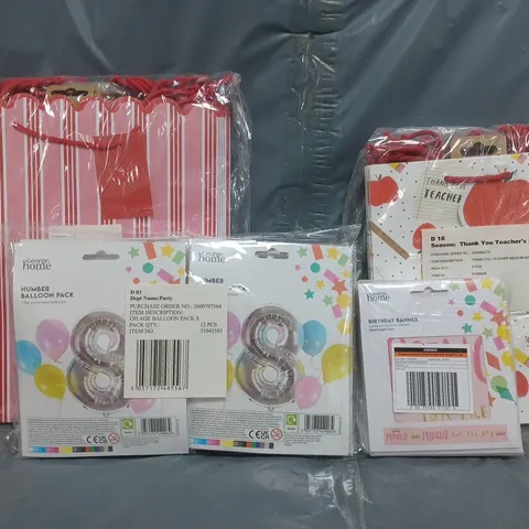 BOX OF APPROXIMATELY 25 ASSORTED HOUSEHOLD ITEMS TO INCLUDE THANK YOU TEACHER MEDIUM BAGS, BIRTHDAY BANNER, NUMBER BALLOON PACKS, ETC - COLLECTION ONLY
