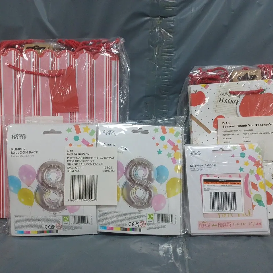 BOX OF APPROXIMATELY 25 ASSORTED HOUSEHOLD ITEMS TO INCLUDE THANK YOU TEACHER MEDIUM BAGS, BIRTHDAY BANNER, NUMBER BALLOON PACKS, ETC - COLLECTION ONLY