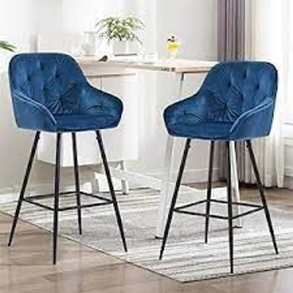 BOXED SET OF 2 DESIGNER BLUE VELVET BAR CHAIRS (1 BOX)