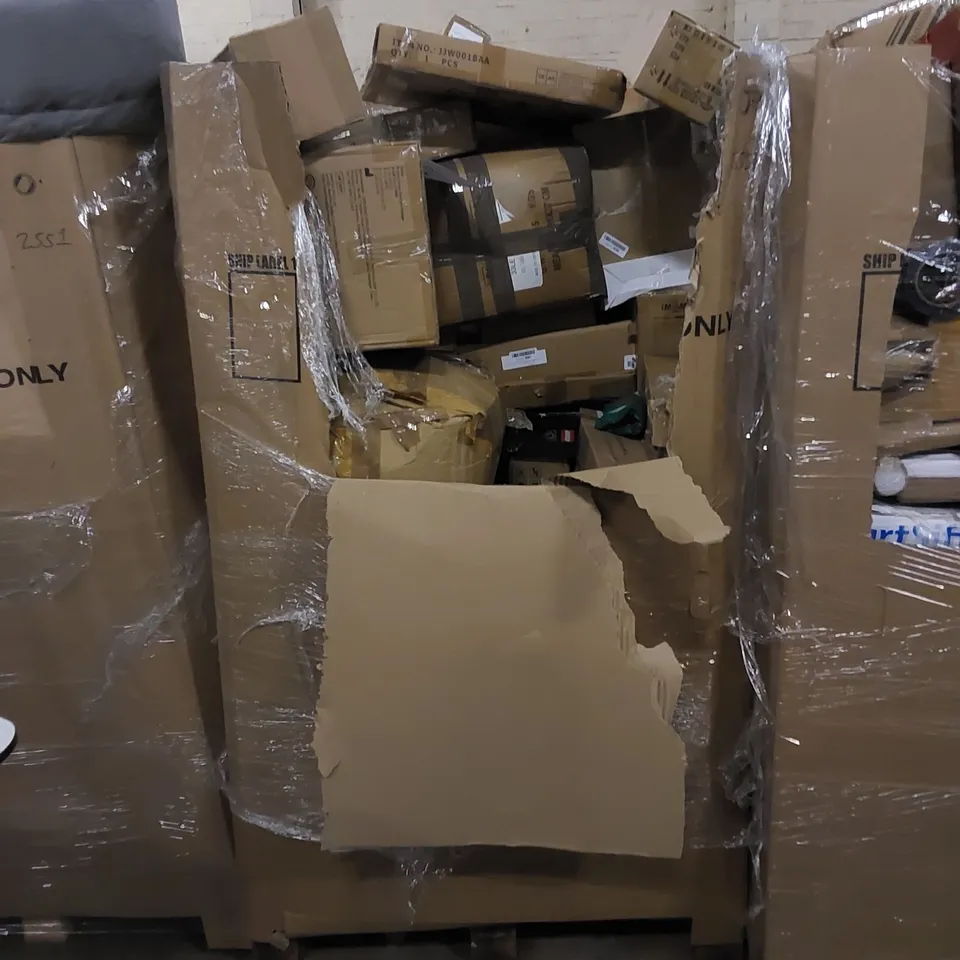 PALLET TO CONTAIN ASSORTED HOUSEHOLD ITEMS AND CONSUMER PRODUCTS. INCLUDING TOYS, FOOT MASSAGERS, DUAL AIR FRYER, STEAM CLEANER, BOXED FURNITURE ETC