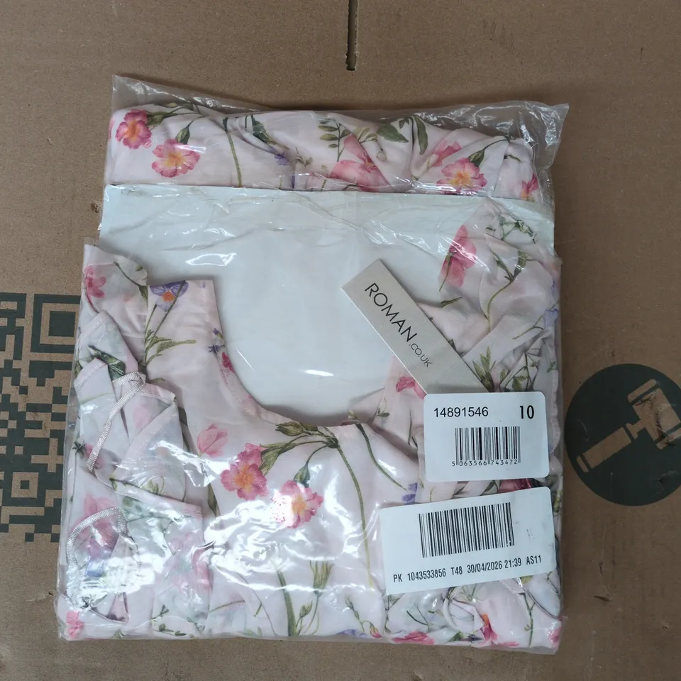 BAGGED ROMAN BORDER FRILL DRESS IN FLORAL LIGHT PINK SIZE 10