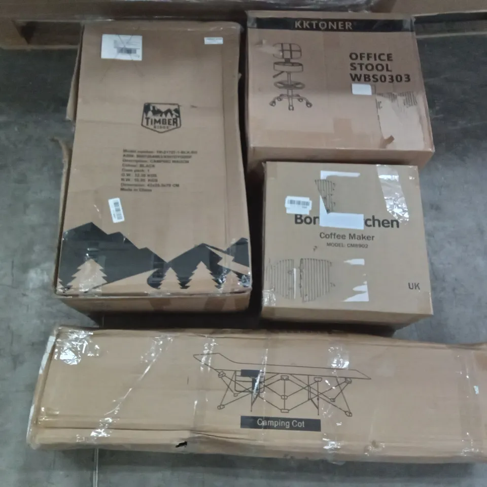 PALLET OF ASSORTED ITEMS INCLUDING TIMBER RIDGE CAMPING WAGON, REDCAMP CAMPING COT, KKTONER OFFICE STOOL, BONSEN KITCHEN COFFEE MAKER, HOMIDEC DRYING RACK, OFFICE CHAIR