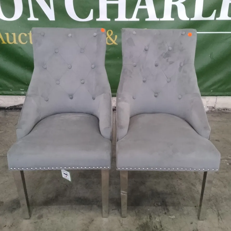 SET OF 2 NEW IMPERIAL GREY VELVET BUTTON BACK DINING CHAIRS (CHROME LEGS)