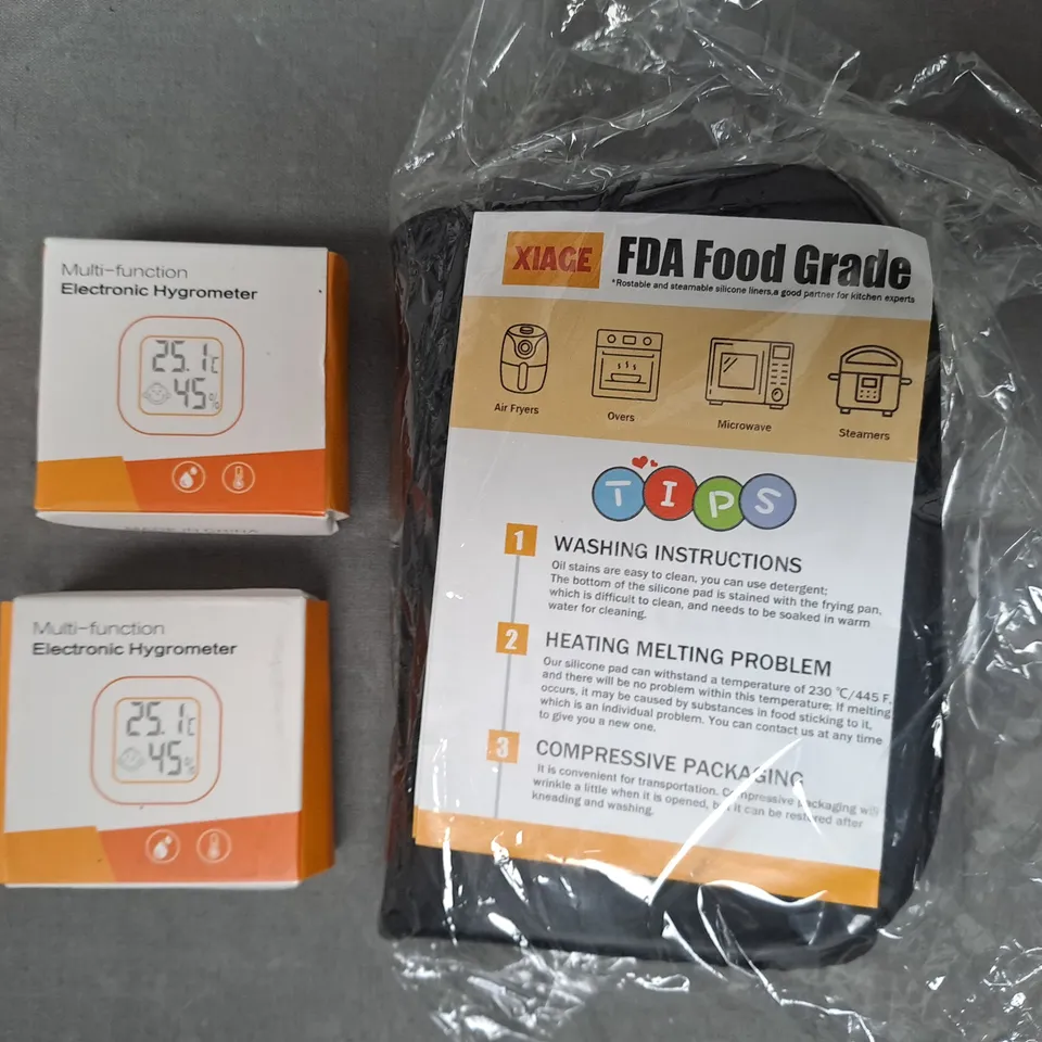 APPROXIMATELY 5 ASSORTED HOUSEHOLD ITEMS TO INCLUDE FDA FOOD GRADE SILICONE LINER, MULTIFUNCTION ELECTRONIC HYDROMETER, ETC