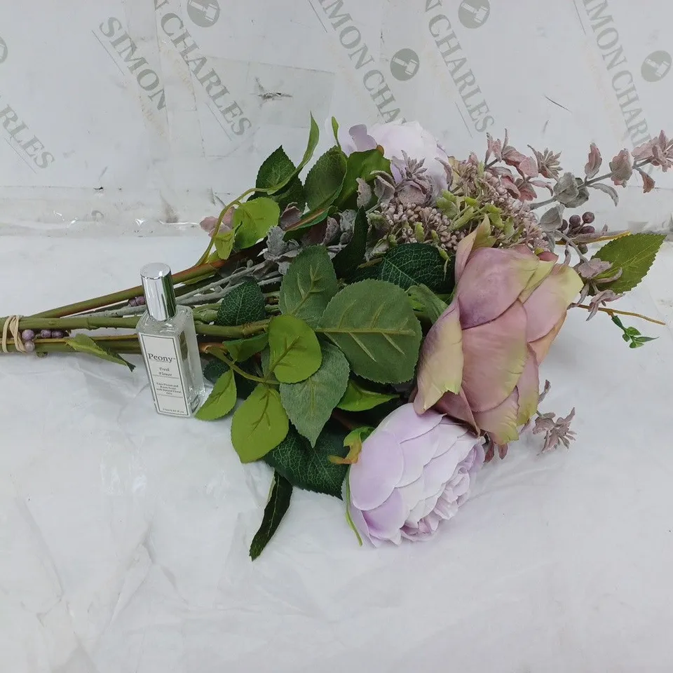 BOXED FAUX FLOWER ARRANGEMENT. COMES WITH A GLASS VASE AND PEONY FLOWER/ROOM SCENT