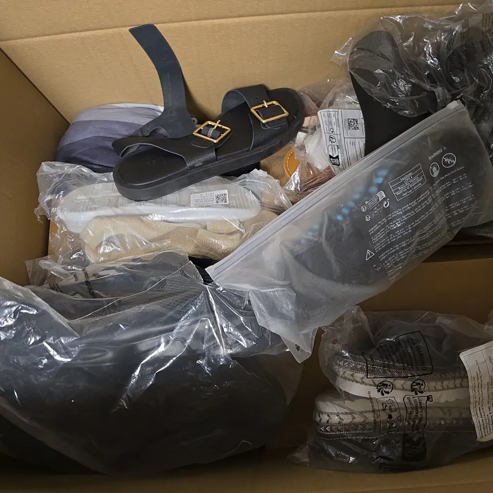 BOX OF APPROXIMATELY 6 PAIRS OF ASSORTED SHOES IN VARIOUS COLOUR, STYLES AND SIZES