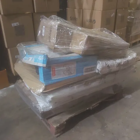 PALLET OF ASSORTED HOUSEHOLD ITEMS AND FLAT PACK FURNITURE PARTS