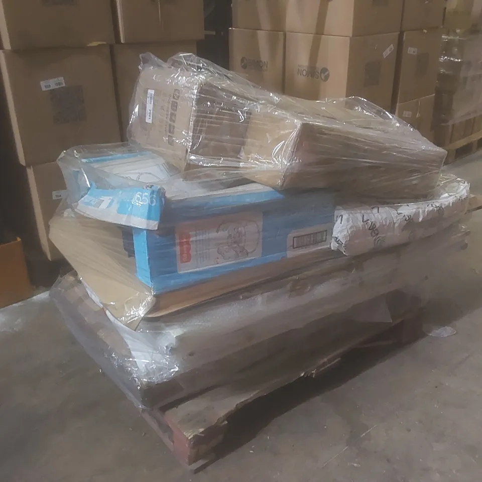 PALLET OF ASSORTED HOUSEHOLD ITEMS AND FLAT PACK FURNITURE PARTS