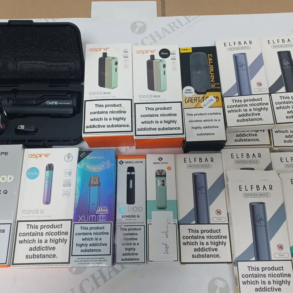 LOT OF 18 ASSORTED ELECTRONIC CIGARETTE TO INCLUDE GEEKVAPE, ASPIRE AND ELFBAR