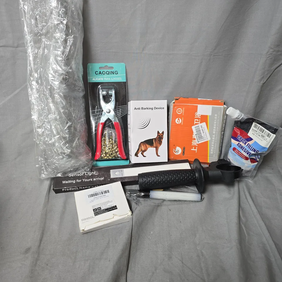 APPROXIMATELY 15 ASSORTED HOUSEHOLD ITEMS TO INCLUDE ANTI BARKING DEVICE, SENSOR LIGHT, CRACK FILLING ADHESIVE, ETC