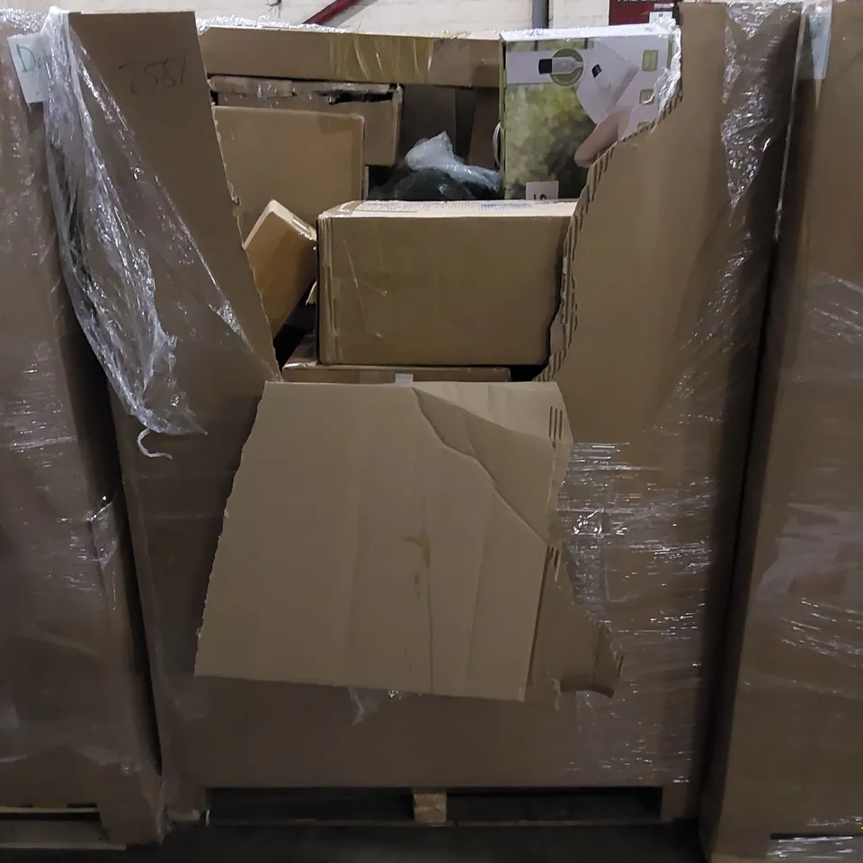 PALLET TO CONTAIN ASSORTED HOUSEHOLD ITEMS AND CONSUMER PRODUCTS. INCLUDING DEHUMIDIFIER, BABY BOOSTER, GARMENT STEAMER, CAT LITTER BOX, UNDER BLANKET ETC