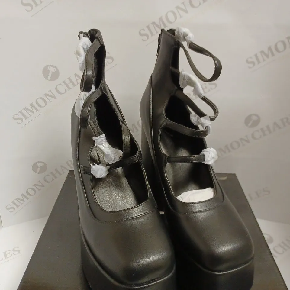 KOI VEGAN GURREN STRAPPY BLACK PLATFORM HEELS - SIZE 6