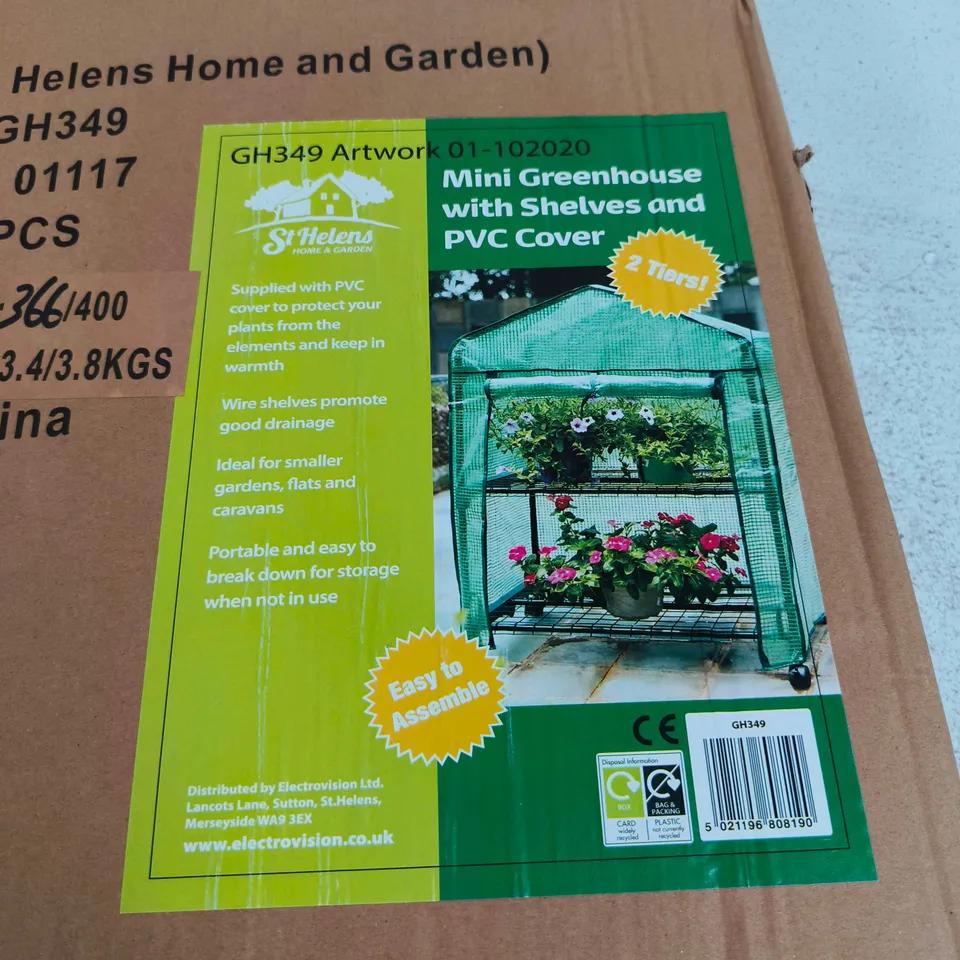 ST HELENS HOME & GARDEN MINI GREENHOUSE WITH SHELVES AND PVC COVER, 2-TIER (GH349 ARTWORK 01-102020)