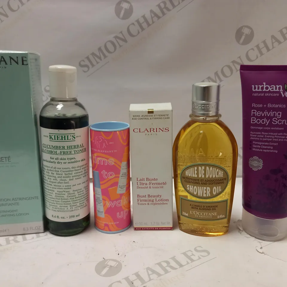 LOT OF 6 ASSORTED COSMETIC PRODUCTS TO INCLUDE CLARINS BUST BEAUTY FIRMING LOTION, KIEHLS HERBAL SKIN TONER, L'OCCITANE ALMOND SHOWER OIL, URBAN VEDA BODY SCRUB, ETC