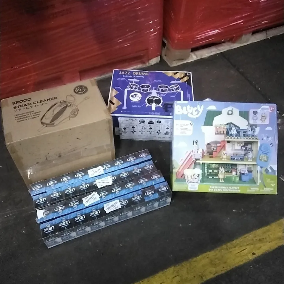 PALLET OF HOUSEHOLD ITEMS TO INCLUDE STEAM CLEANER, JAZZ DRUMS, BLUEY PLAYSET, LED 6W BULBS AND OTHER ASSORTED ITEMS...