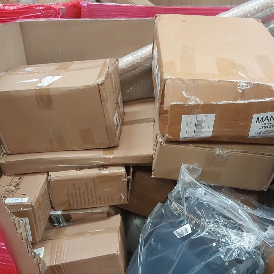 PALLET OF ASSORTED ITEMS INCLUDING: FRETTA EDGE MAX JUICER, CEILING FAN, TOWEL TOILET RACK, SHOWER SYSTEM, NATURAL MOSO BAMBOO DRAWER DIVIDERS ECT