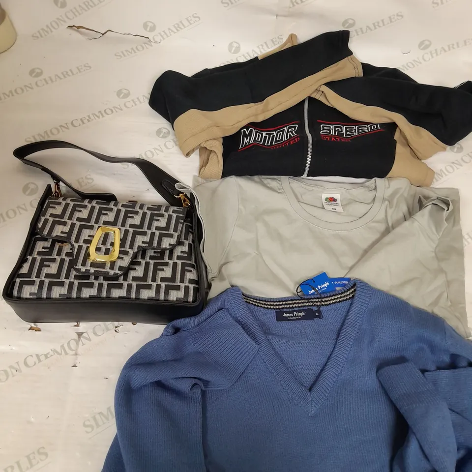 BOX OF APPROXIMATELY 25 ASSORTED CLOTHING ITEMS TO INCUDE - BAG  , JUMPER  , T-SHIRT, ETC
