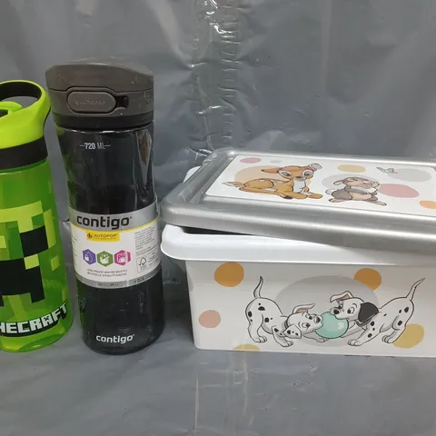 BOX OF APPROXIMATELY 15 ASSORTED HOUSEHOLD ITEMS TO INCLUDE MINECRAFT DRINKS BOTTLE, DISNEY STORAGE BOX, ETC - COLLECTION ONLY