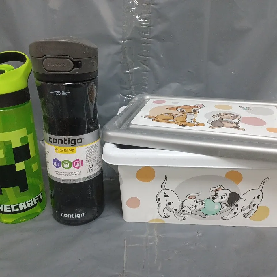 BOX OF APPROXIMATELY 15 ASSORTED HOUSEHOLD ITEMS TO INCLUDE MINECRAFT DRINKS BOTTLE, DISNEY STORAGE BOX, ETC - COLLECTION ONLY