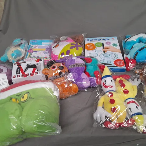 LARGE QUANTITY OF ASSORTED TOYS AND GAMES TO INCLUDE - SQUIRTLE PLUSH, SPIROGRAPH, AND GRINHC PLUSH ETC.