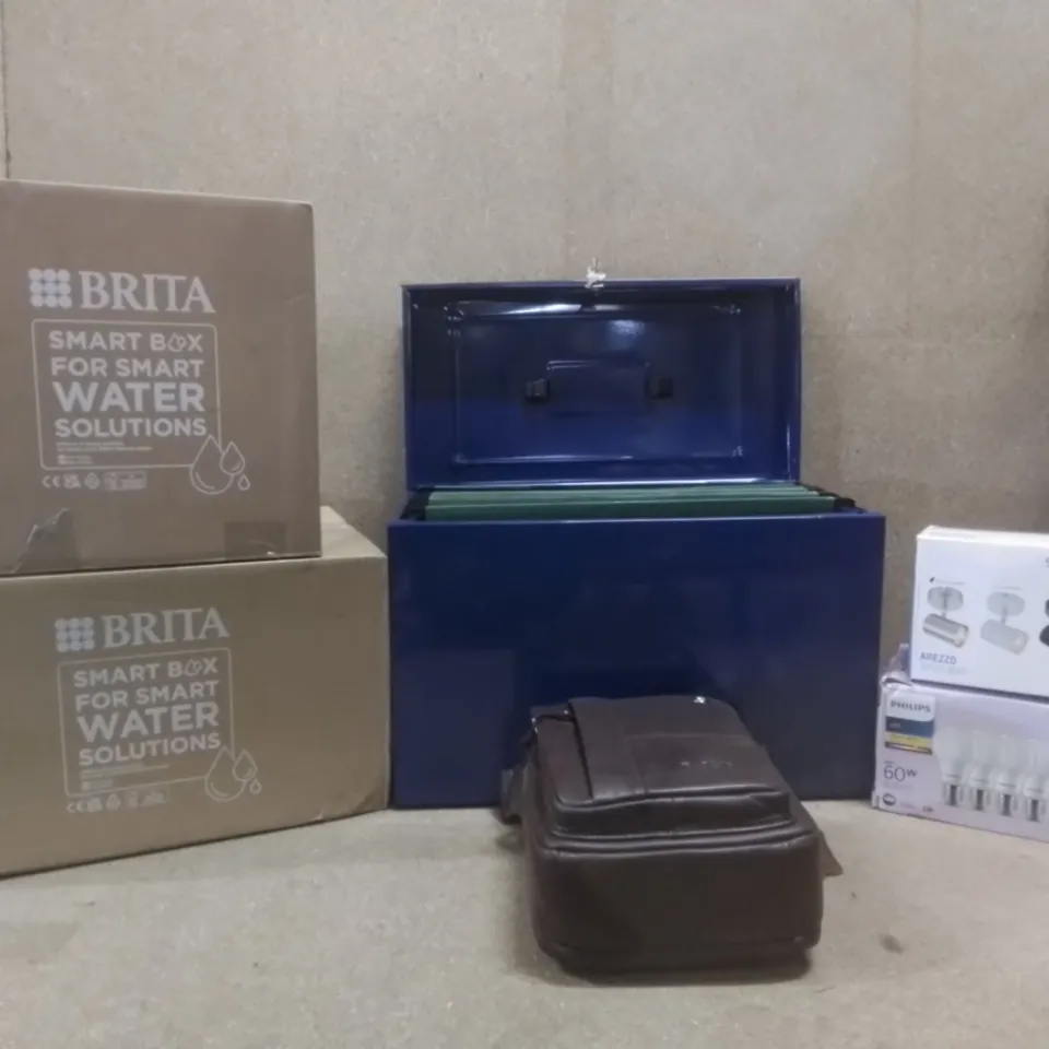 LARGE BOX CONTAINING ASSORTED ITEMS INCLUDED; DARK BLUE LOCKABLE ORGANISED BOX, BRITA SMART BOX, PHILIPS LED WARM WHITE 6X BULBS